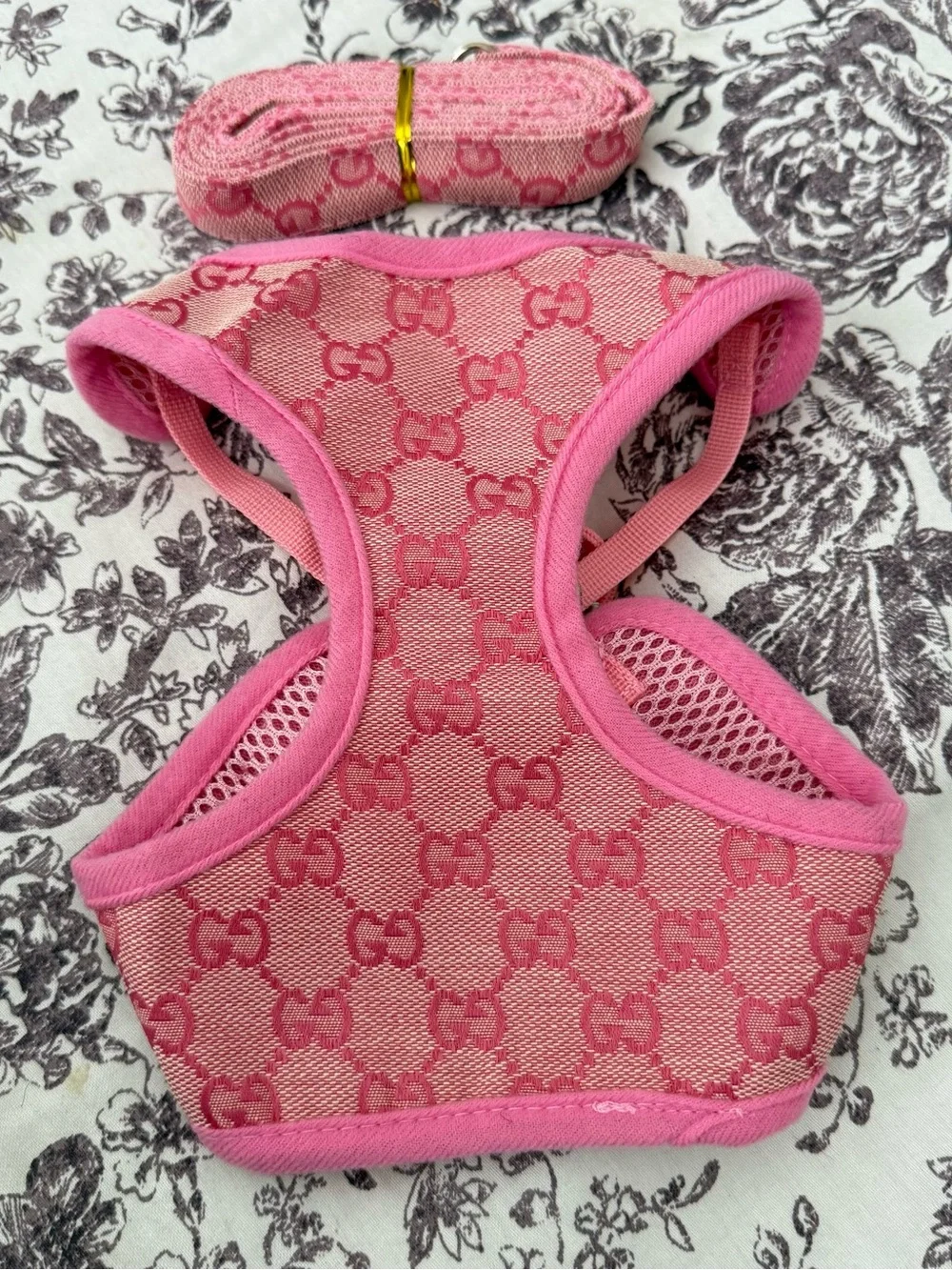 Pink GG Monogram Small Dog Harness with Leash Size XL